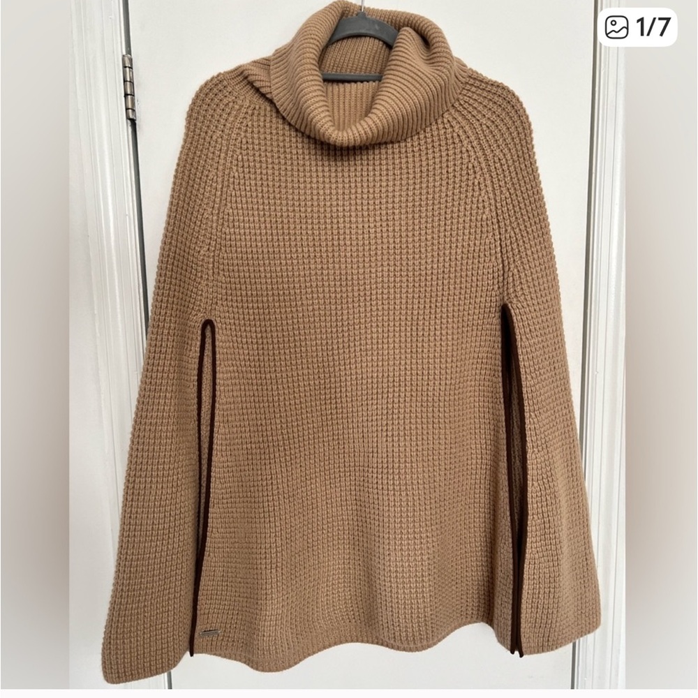 NWT Ralph Lauren Waffle Knit Poncho Shawl One Size / beige with brown trim